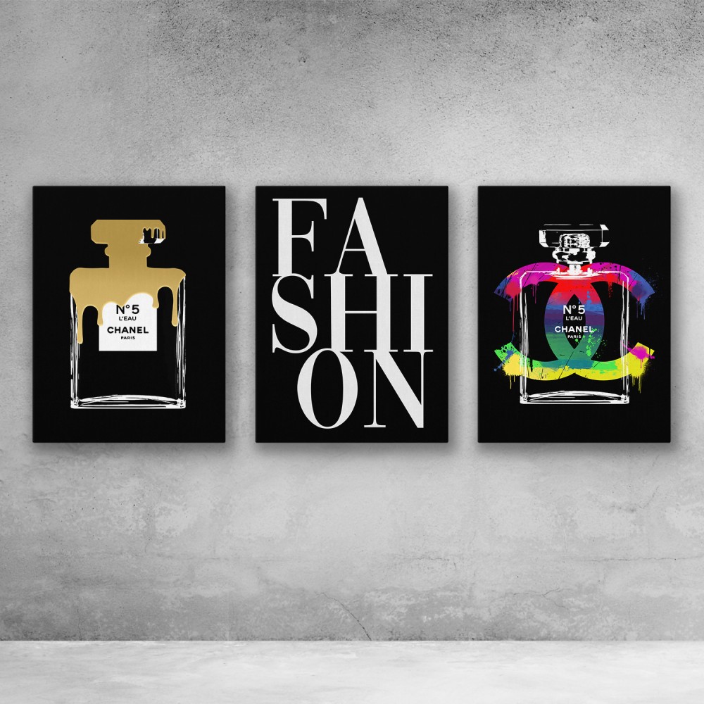 Fashion Perfume Chanel 3 Piece Set Modern Glam Wall Art (Black)