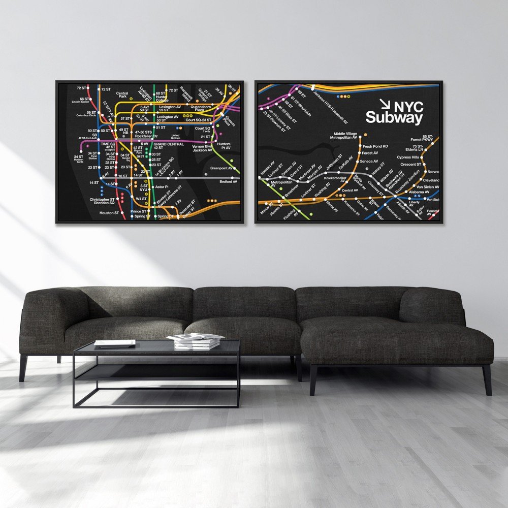 NYC Subway Map Modern Black Wall Art Set